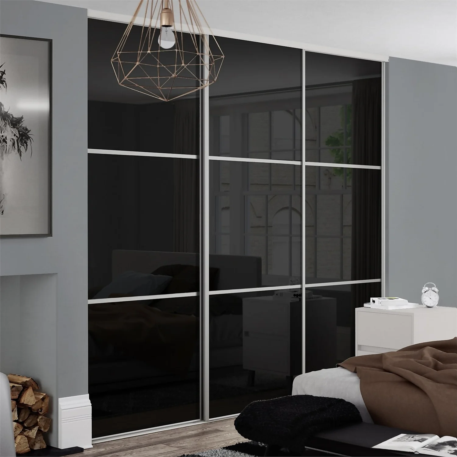 Linear Sliding Wardrobe Door 3 Panel Black Glass With Silver Frame (W)762mm - Image 2