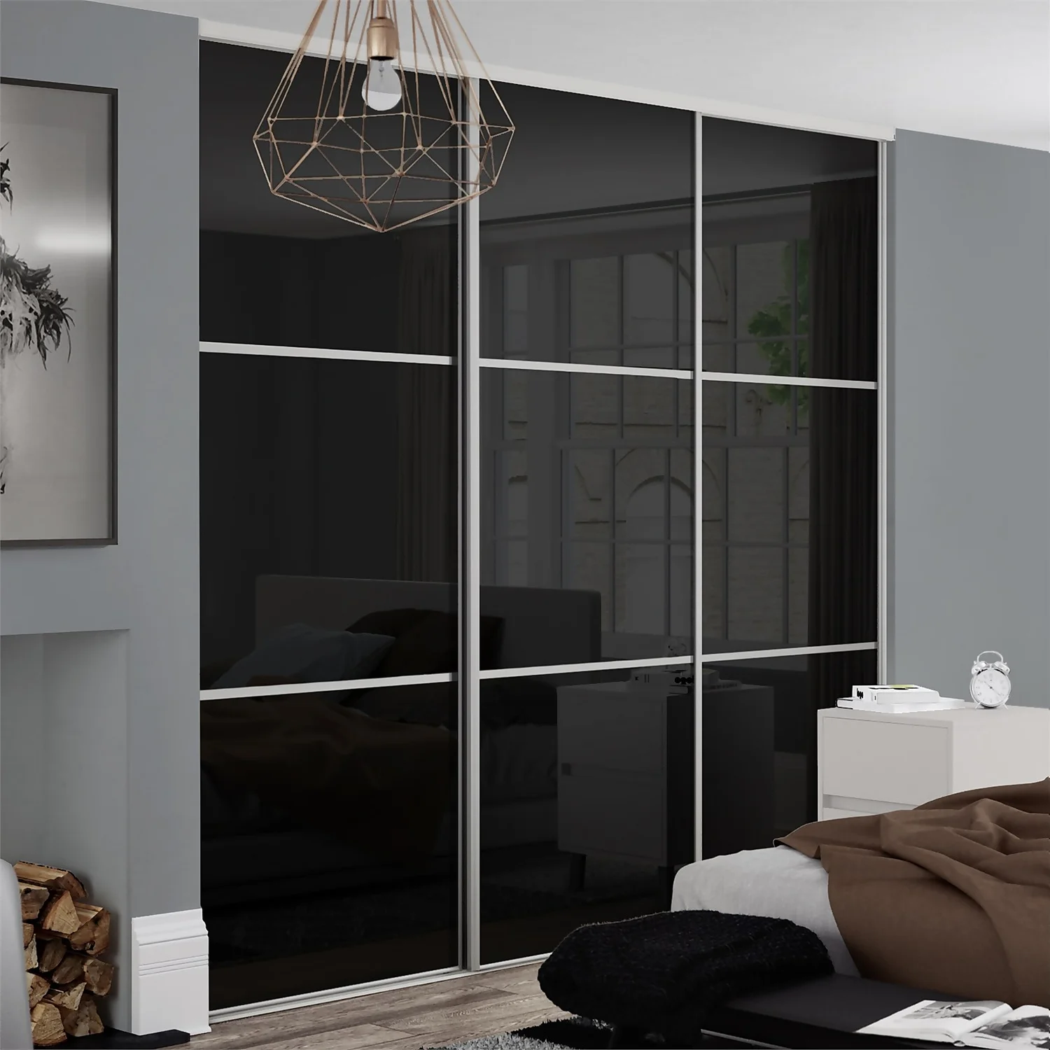 Linear Sliding Wardrobe Door 3 Panel Black Glass With Silver Frame (W)610mm - Image 2