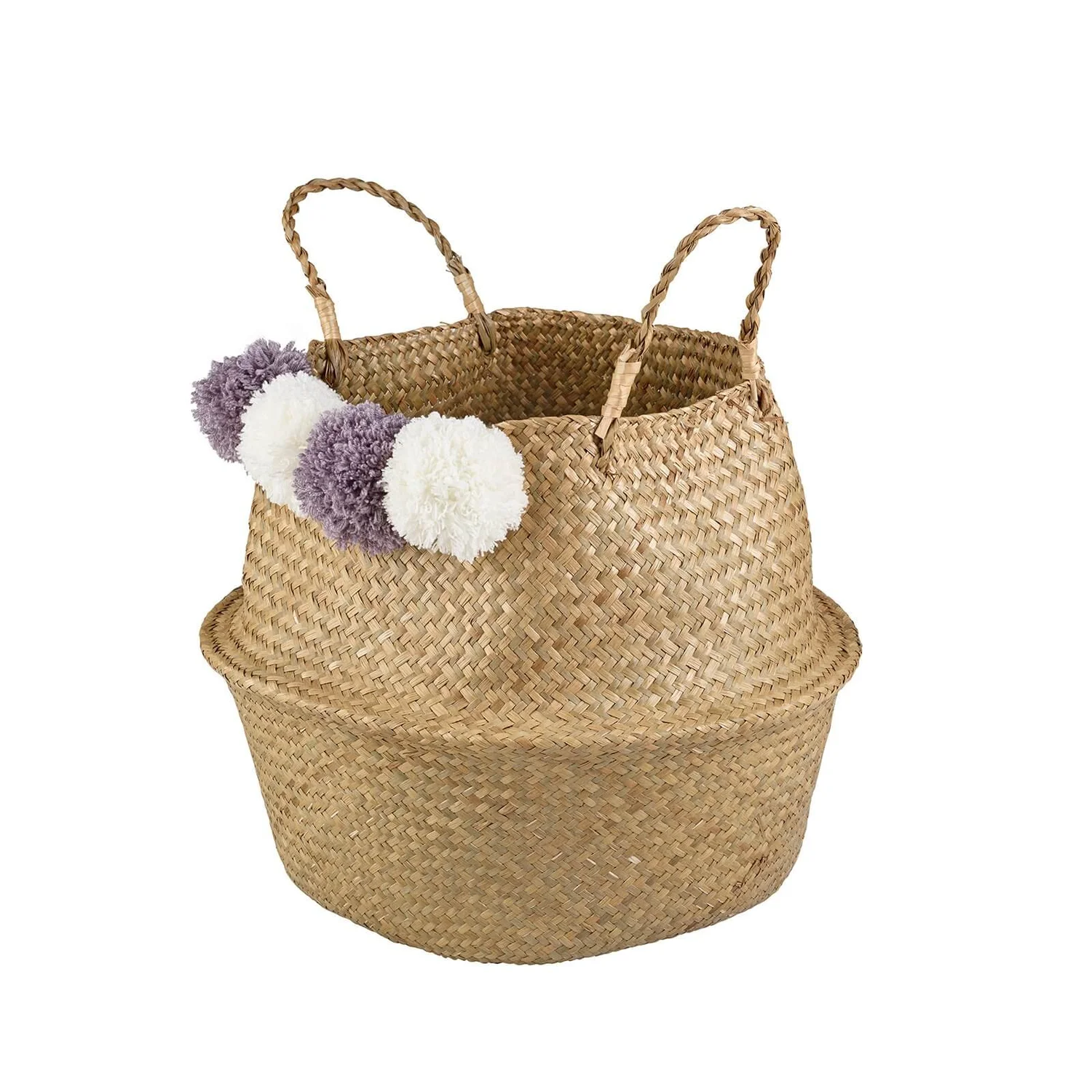 Seagrass Foldable Basket With Pom Poms - Image 2