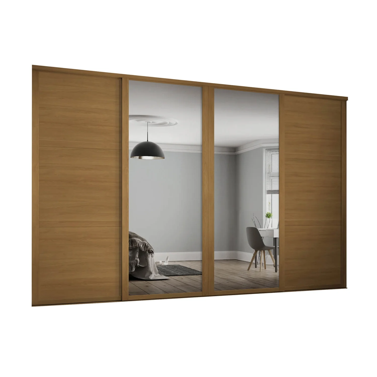 Shaker 4 Door Sliding Wardrobe Kit Oak Panel / Mirror With Oak Frame (W)2290 X (H)2260mm