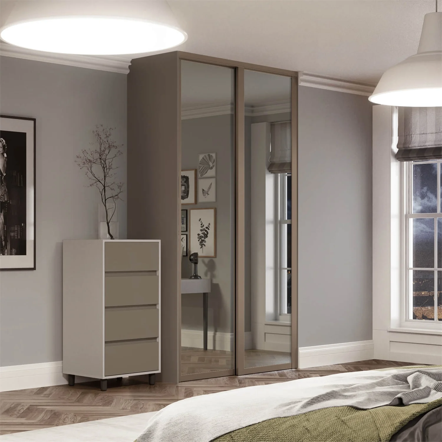 Shaker 2 Door Sliding Wardrobe Kit Mirror With Stone Grey Frame (W)1753 X (H)2260mm - Image 2