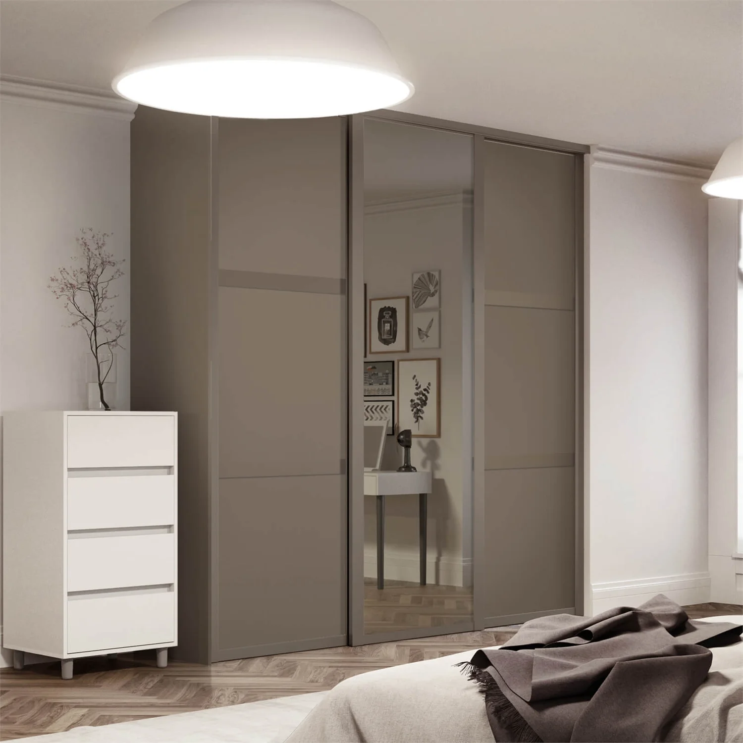 Shaker 3 Door Sliding Wardrobe Kit Stone Grey Panel / Mirror With Stone Grey Frame (W)2136 X (H)2260mm - Image 2