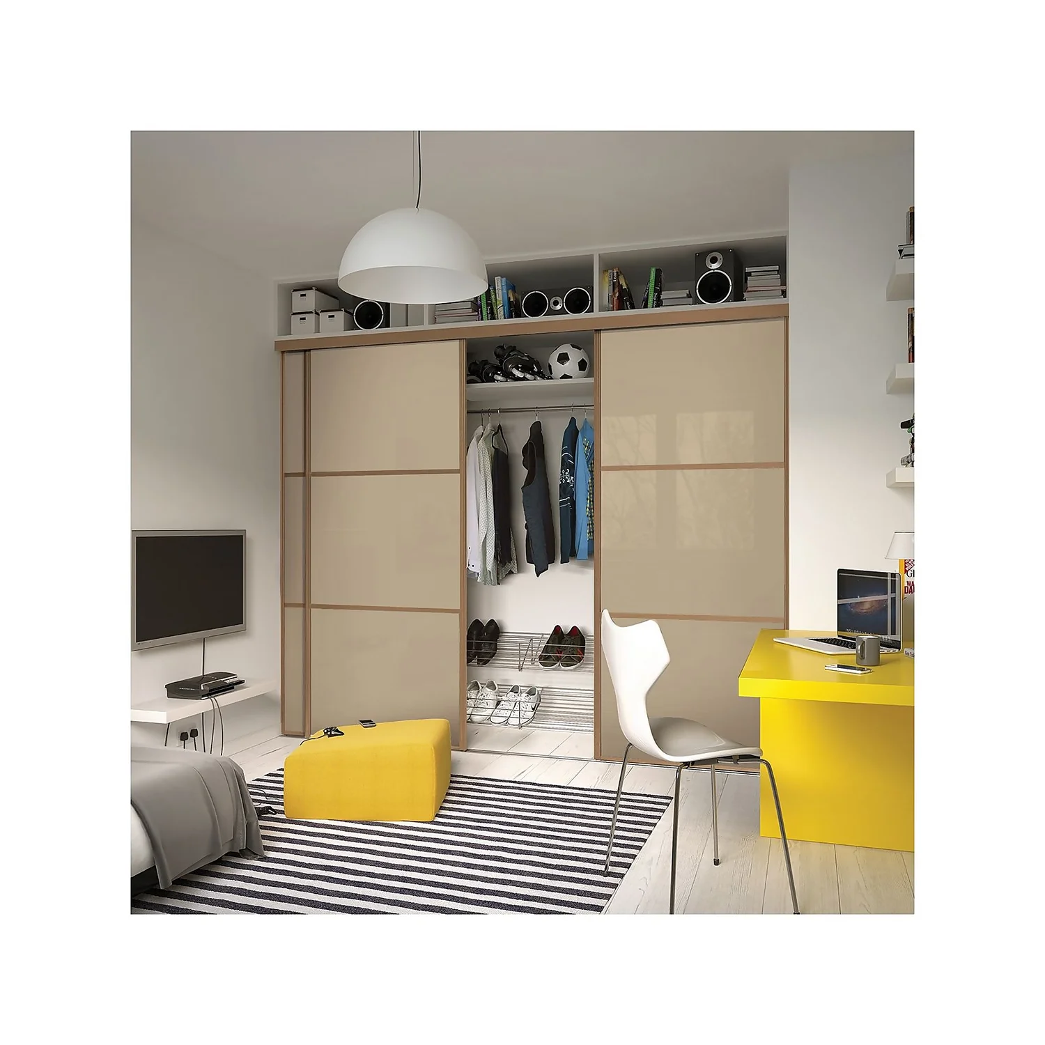 Linear Sliding Wardrobe Door 3 Panel Cream Glass With Windsor Oak Frame (W)610mm - Image 2