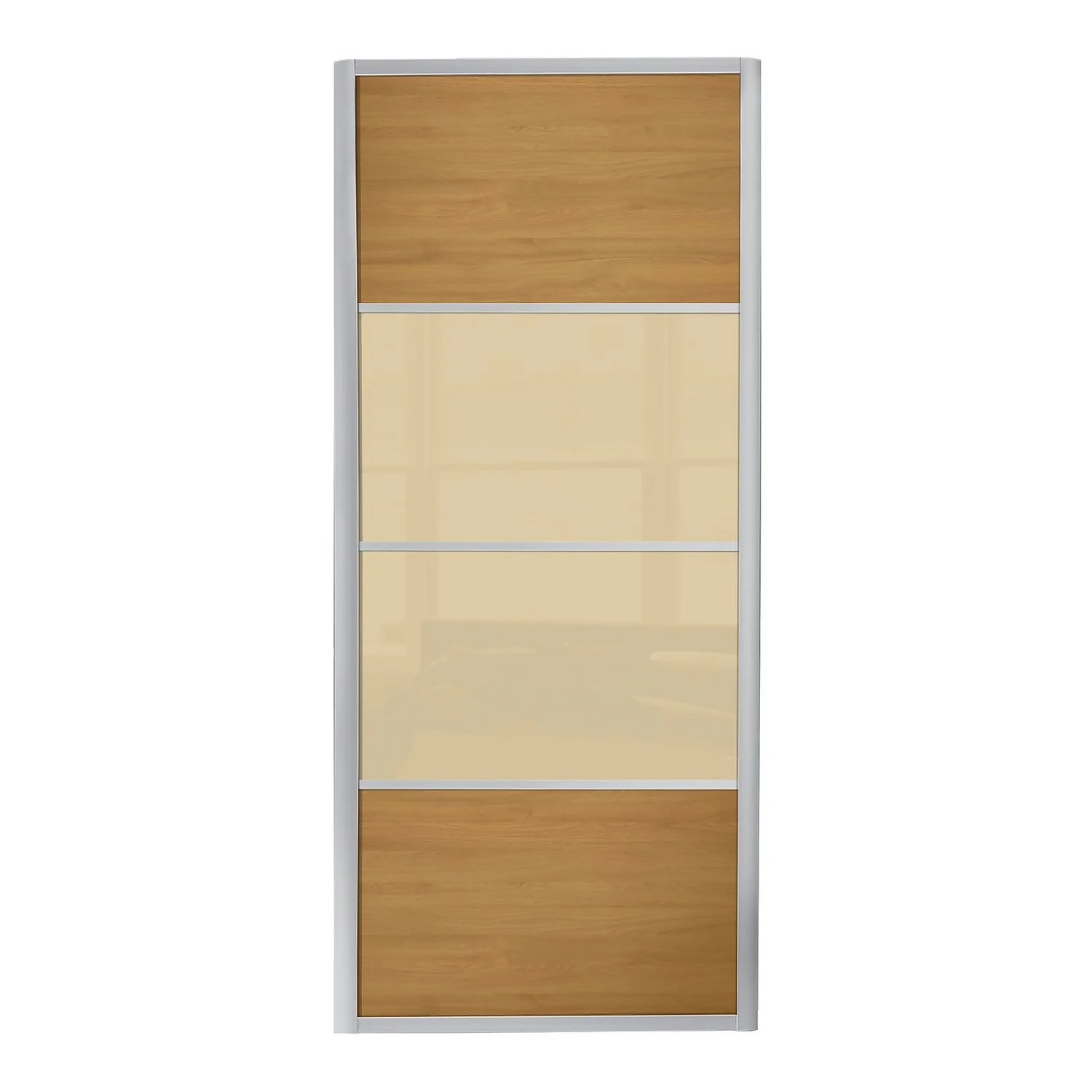 Ellipse Sliding Wardrobe Door 4 Panel Windsor Oak Panel And Cream Glass With Aluminium Frame (W)762mm