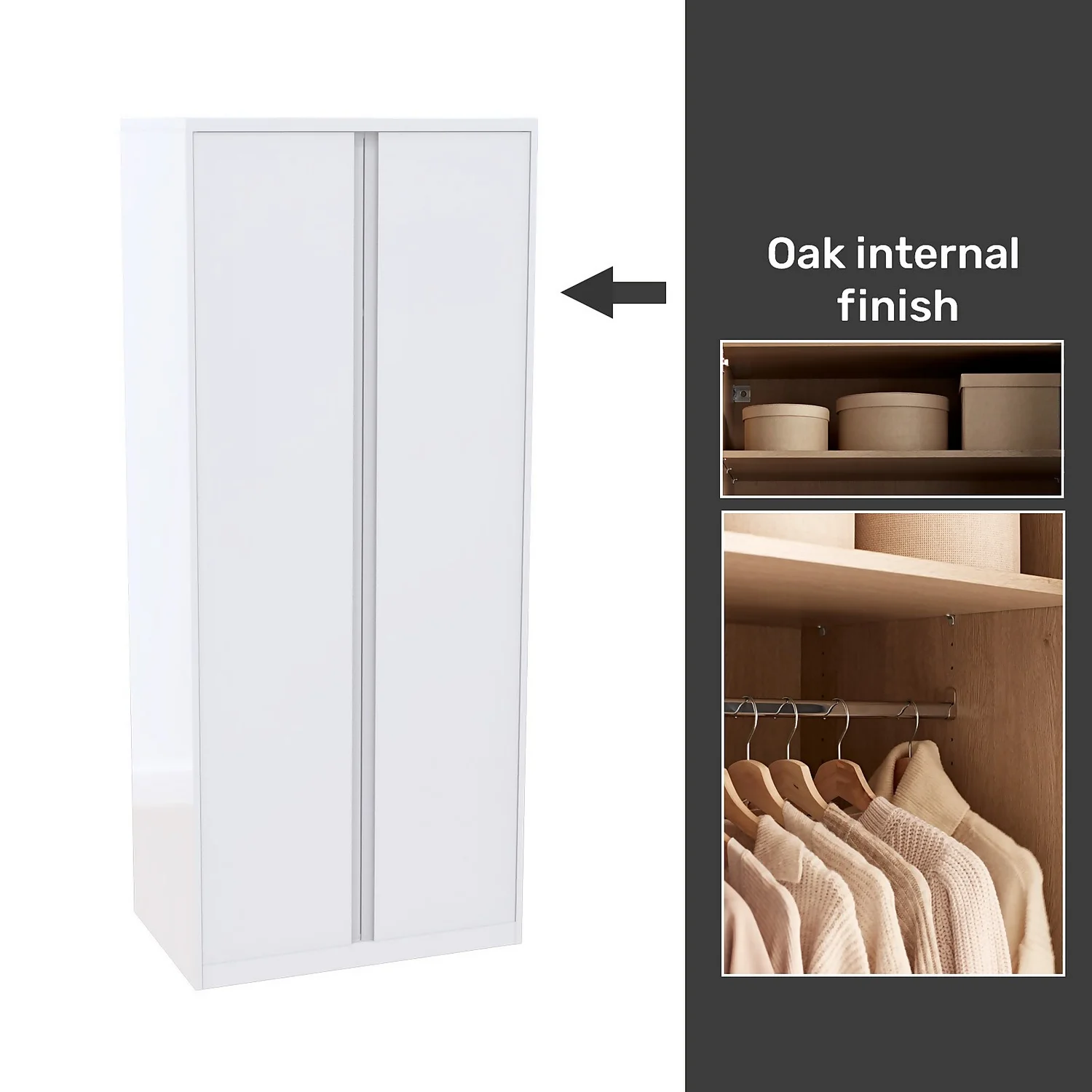 House Beautiful Escape Fitted Look Double Wardrobe, Oak Effect Carcass - Gloss White Handleless Doors (W) 940mm X (H) 2226mm