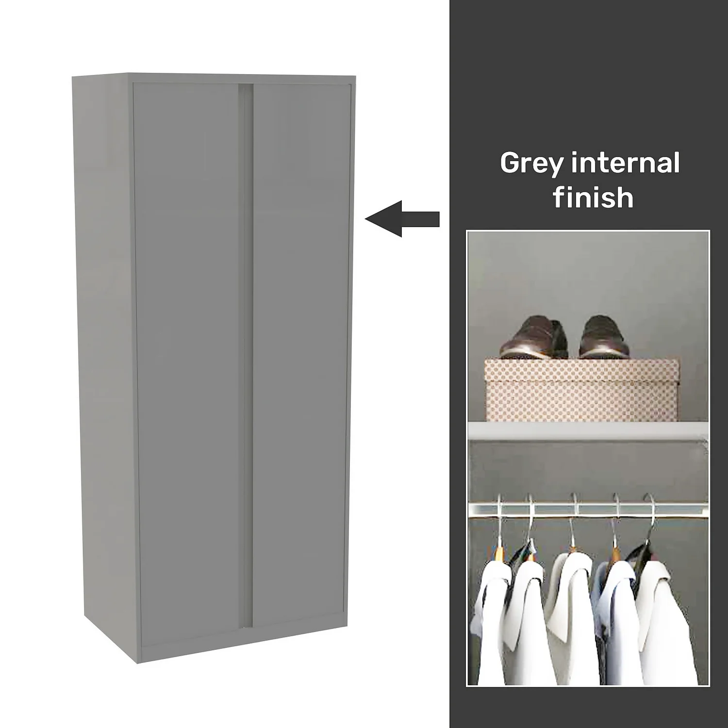 House Beautiful Escape Fitted Look Double Wardrobe, Grey Carcass - Gloss Grey Handleless Doors (W) 940mm X (H) 2226mm