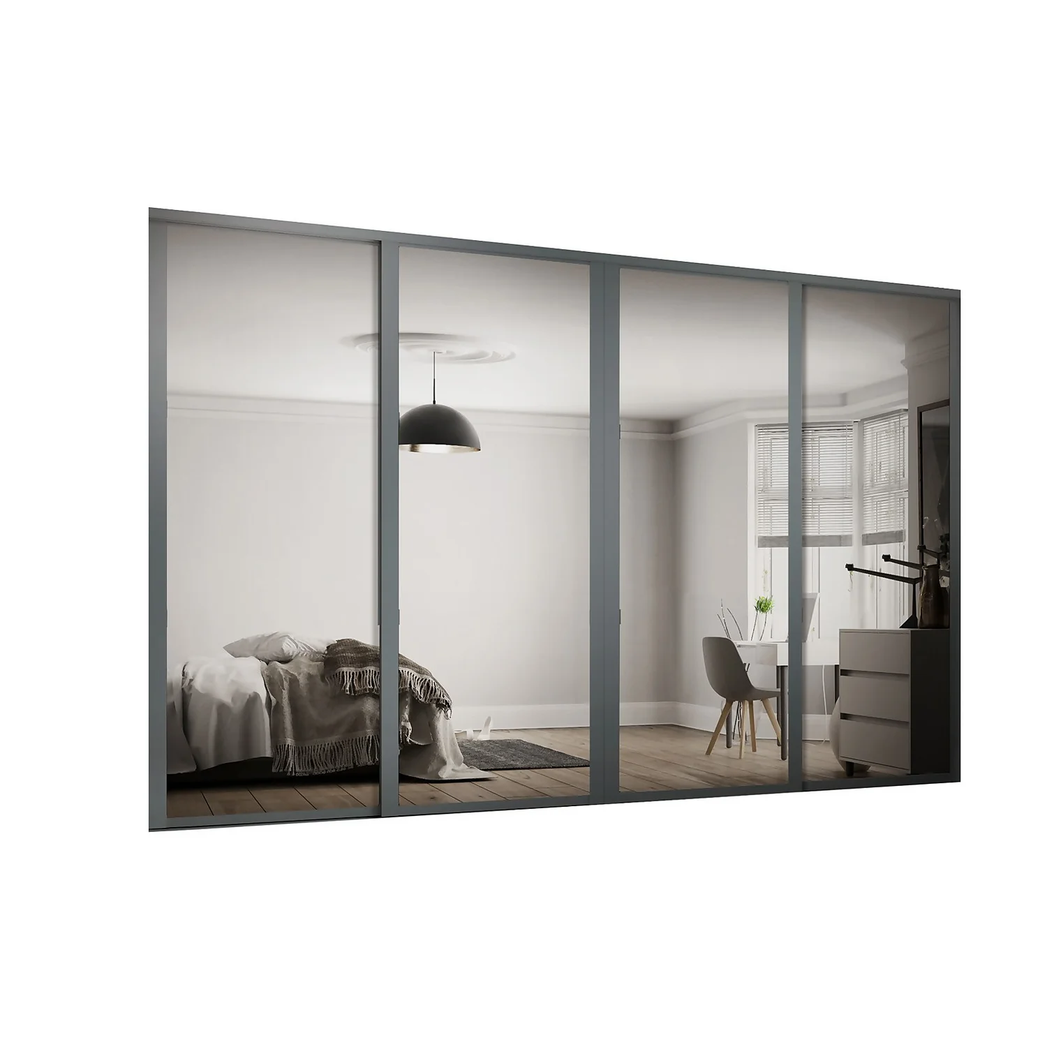 Shaker 4 Door Sliding Wardrobe Kit Mirror With Graphite Frame (W)3506 X (H)2260mm