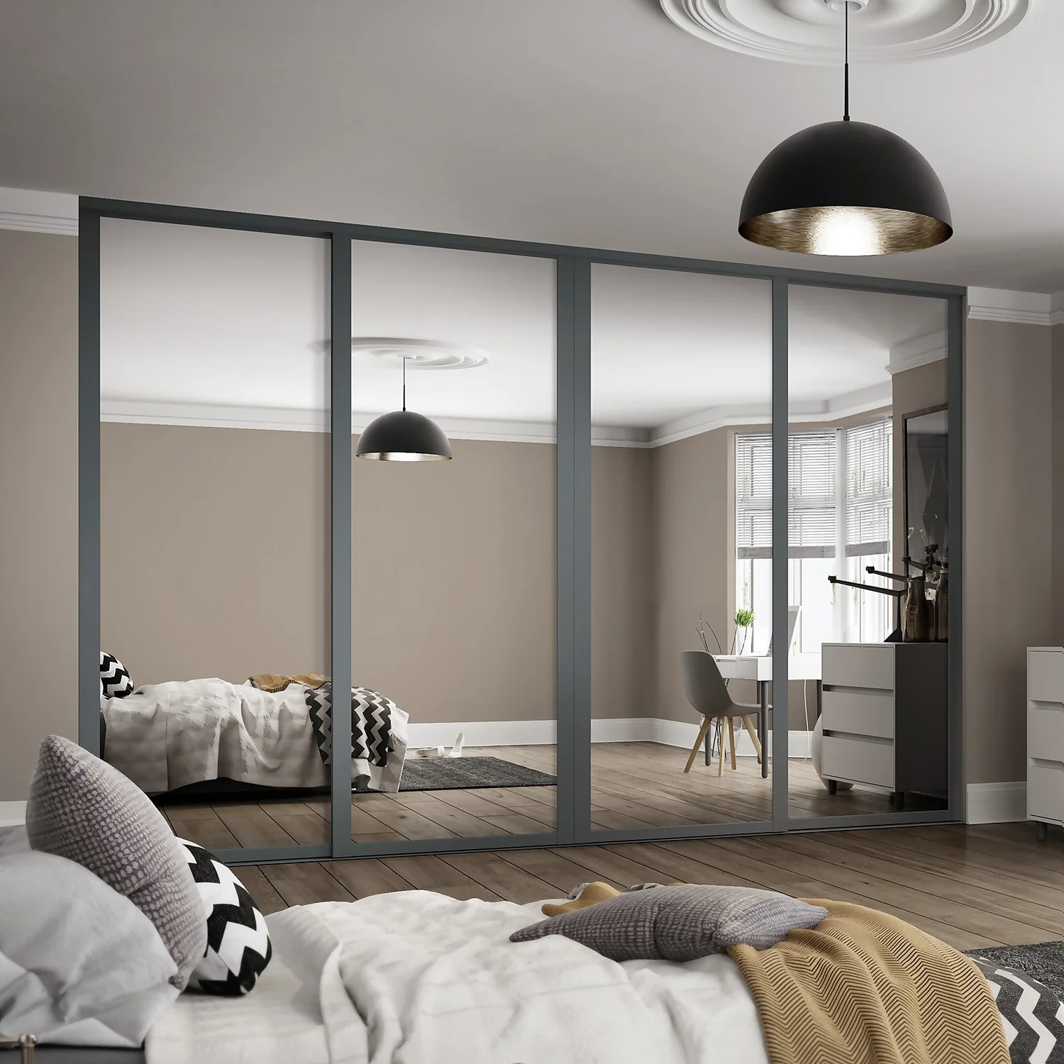 Shaker 4 Door Sliding Wardrobe Kit Mirror With Graphite Frame (W)3506 X (H)2260mm - Image 2